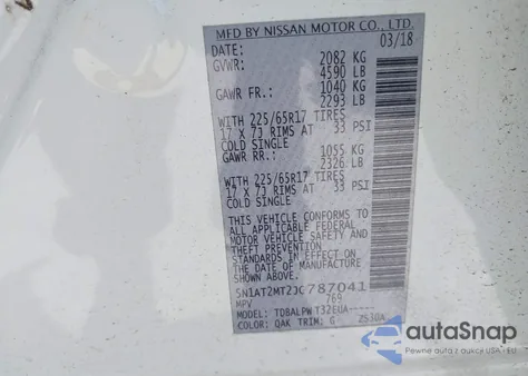 2018 Nissan Rogue S z USA, uszkodzony, nr VIN 5N1AT2MT2JC787041